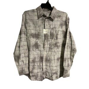 Zara Gray Tie Dye Long Sleeve Button Up Shirt Mens M Check Pattern Cotton